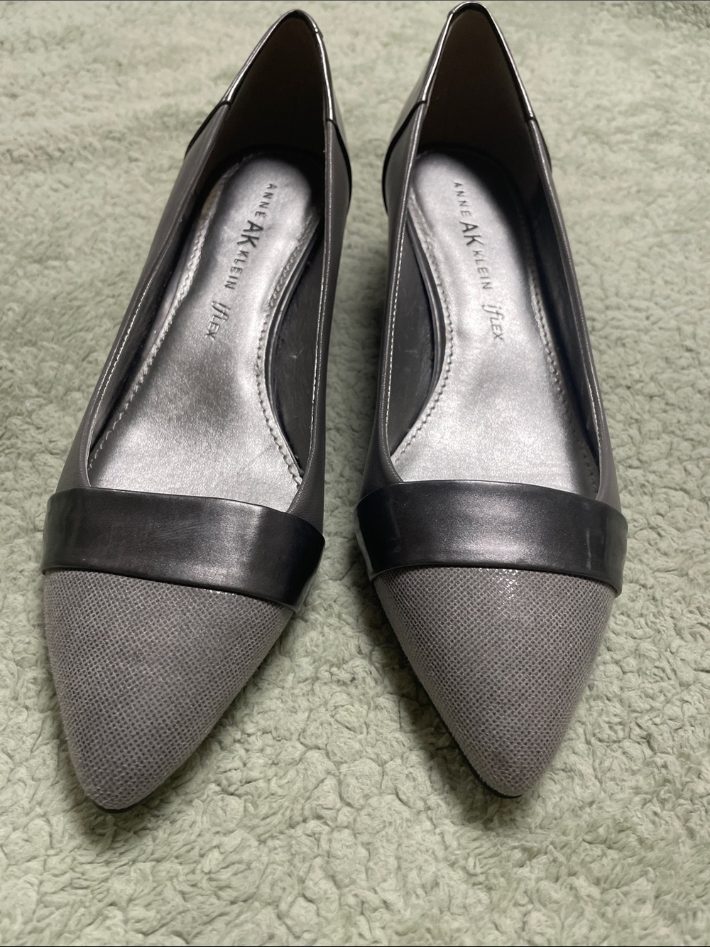 Anne Klein Gray Pointed-Toe Flats with Black Band Accent